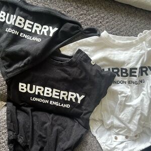 6 Months Burberry onesie w/ one bib.